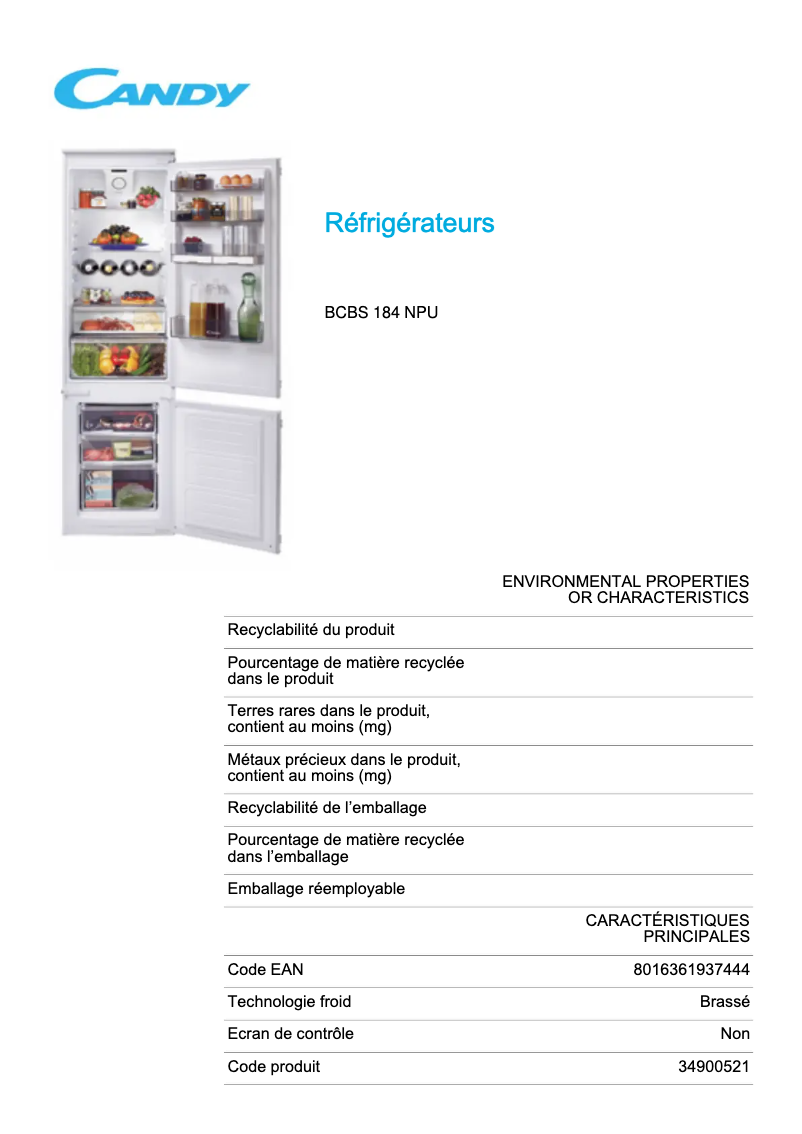Page n°1 - Fiche technique Candy BCBS 184 NPU