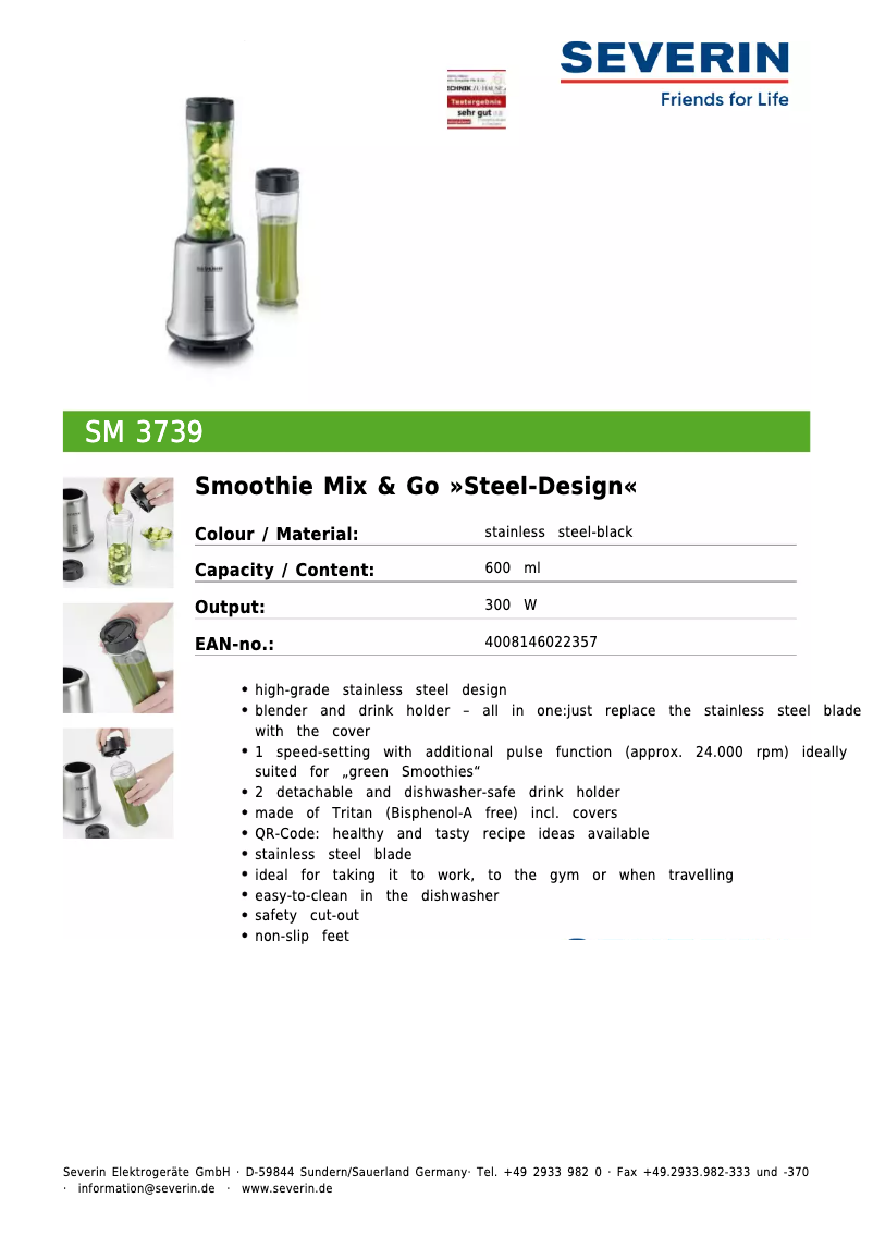 Page 1 de la notice Fiche technique Severin SM 3739