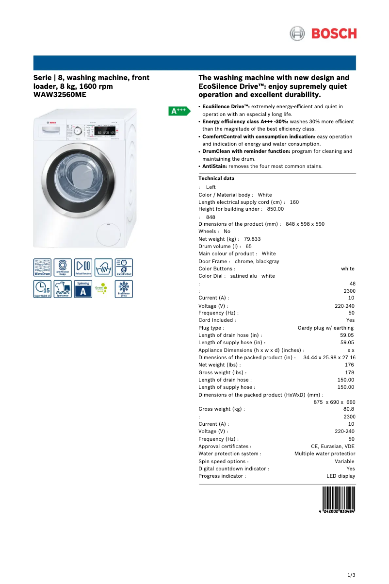 Page 1 de la notice Manuel utilisateur Bosch WAW32560ME