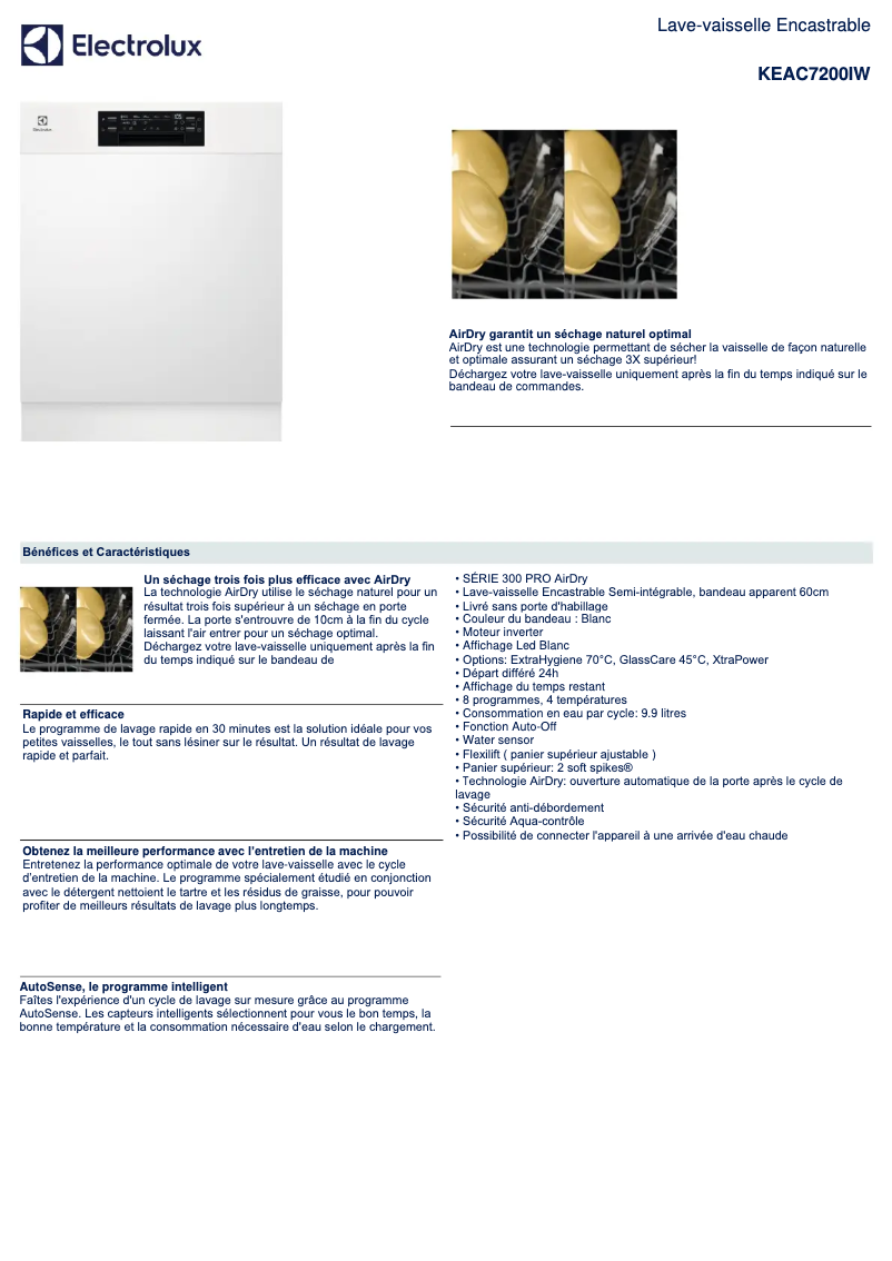 Page 1 de la notice Fiche technique Electrolux KEAC7200IW