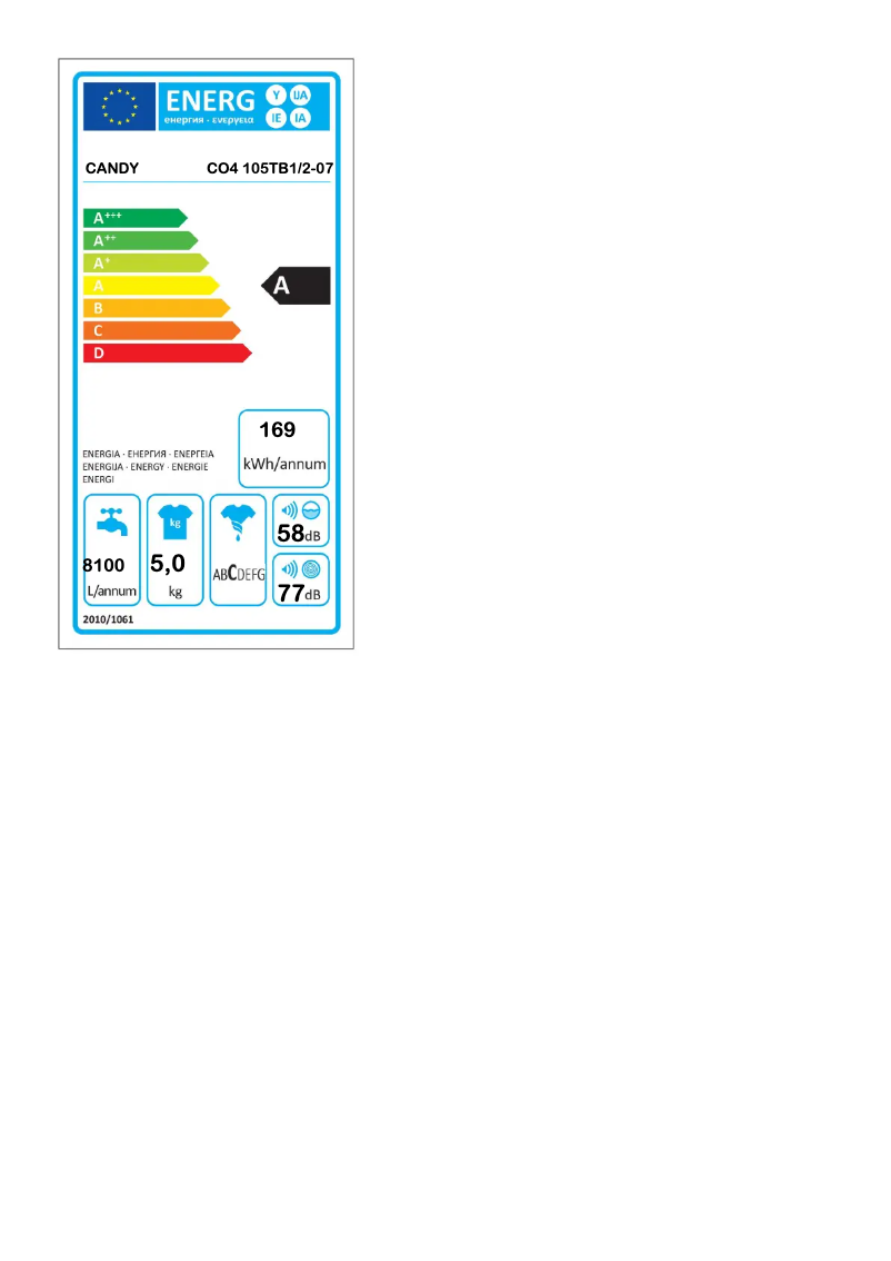 Page n°1 - Label énergétique Candy CO4 105TB1/2-07