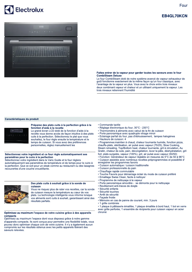 Page 1 de la notice Fiche technique Electrolux EB4GL70KCN