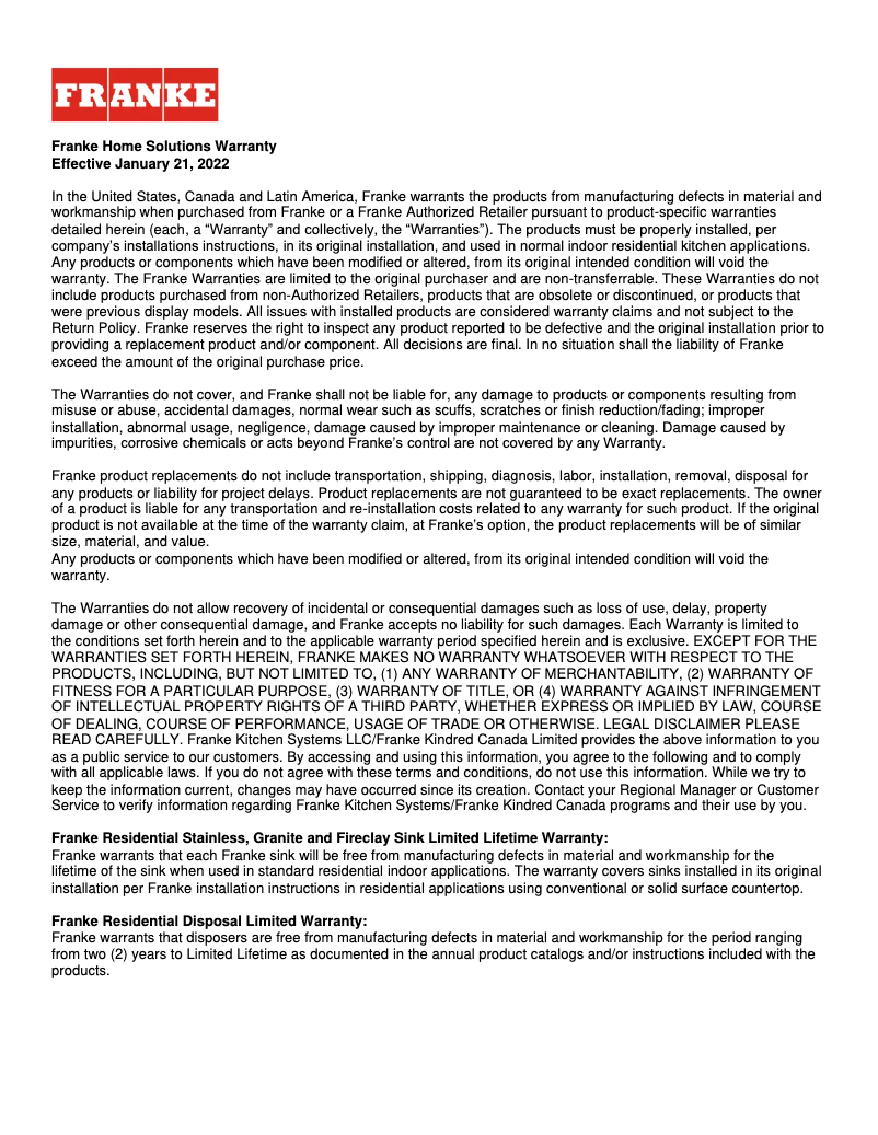 Page 1 de la notice Informations de garantie Franke FFP3100