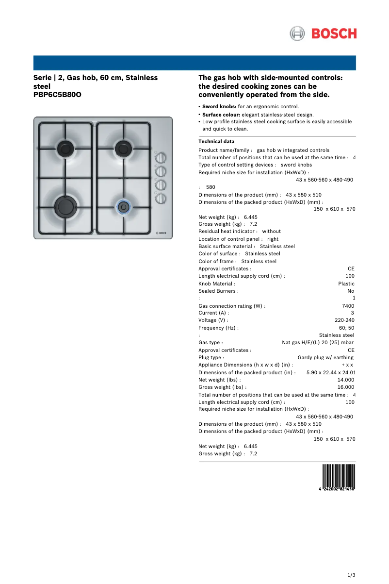 Page 1 de la notice Manuel utilisateur Bosch PBP6C5B80O