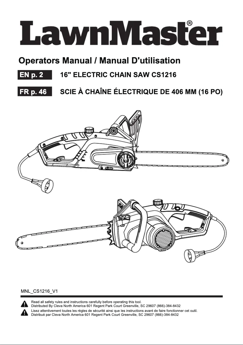 Page 1 de la notice Manuel utilisateur LawnMaster CS1216