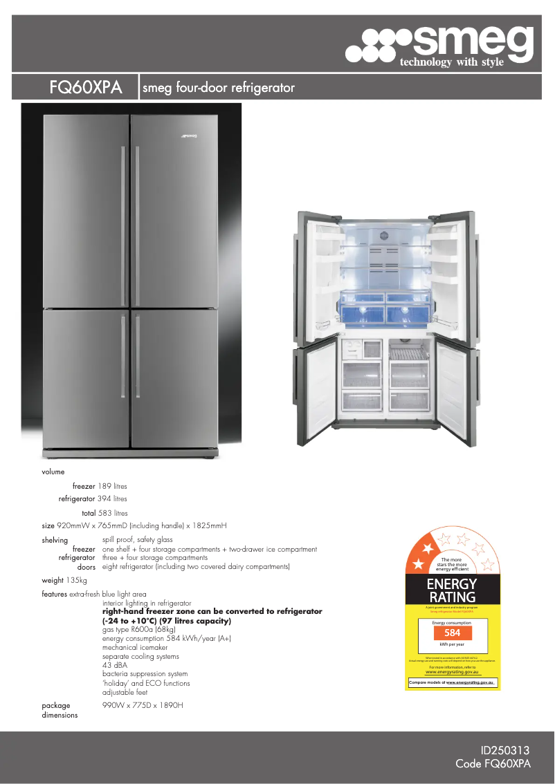 Page 1 de la notice Fiche technique Smeg FQ60XPA
