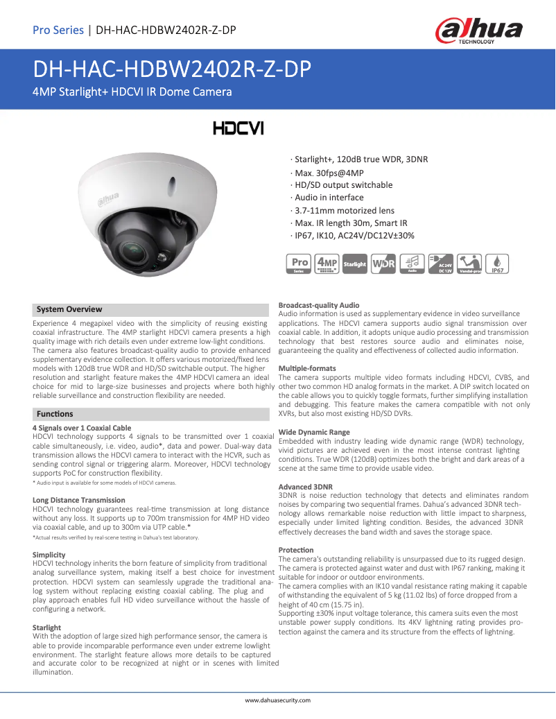 Page 1 de la notice Fiche technique Dahua Technology HAC-HDBW2402R-Z-DP