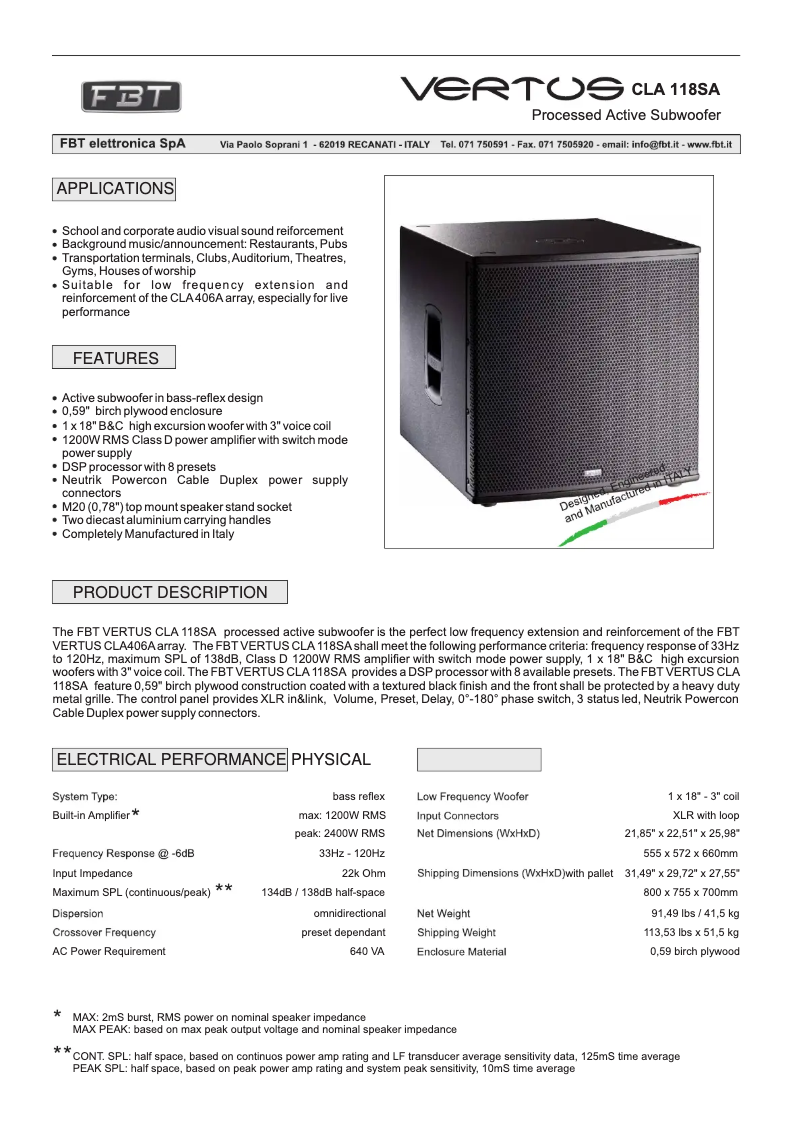 Page 1 de la notice Fiche technique FBT Vertus CLA 118 SA