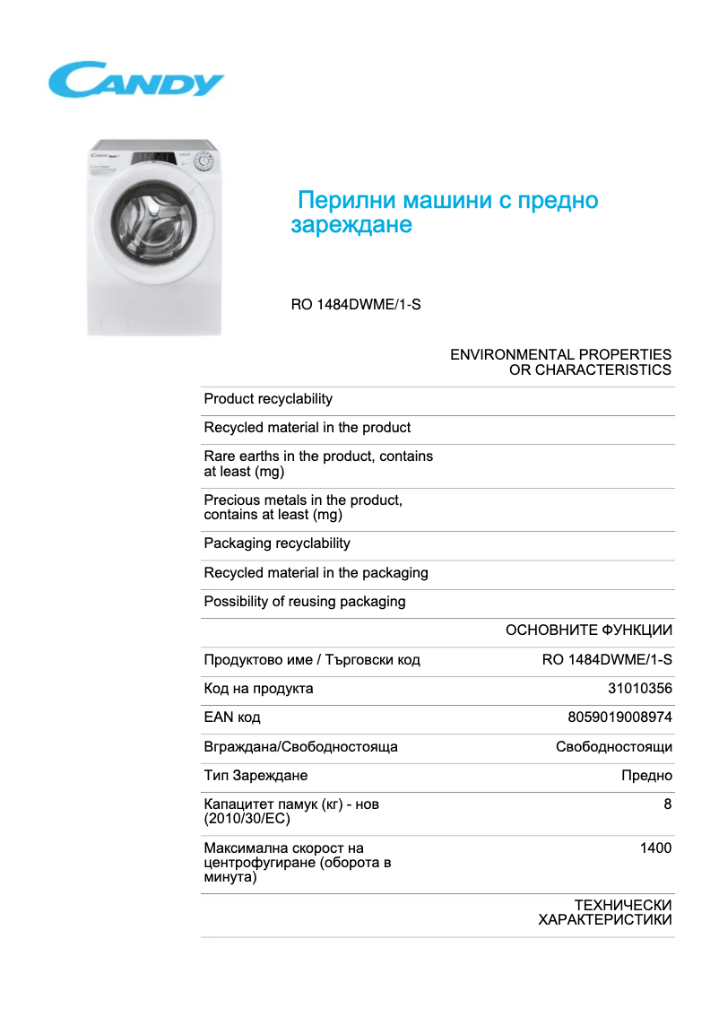 Page 1 de la notice Fiche technique Candy RO 1484DWME/1-S