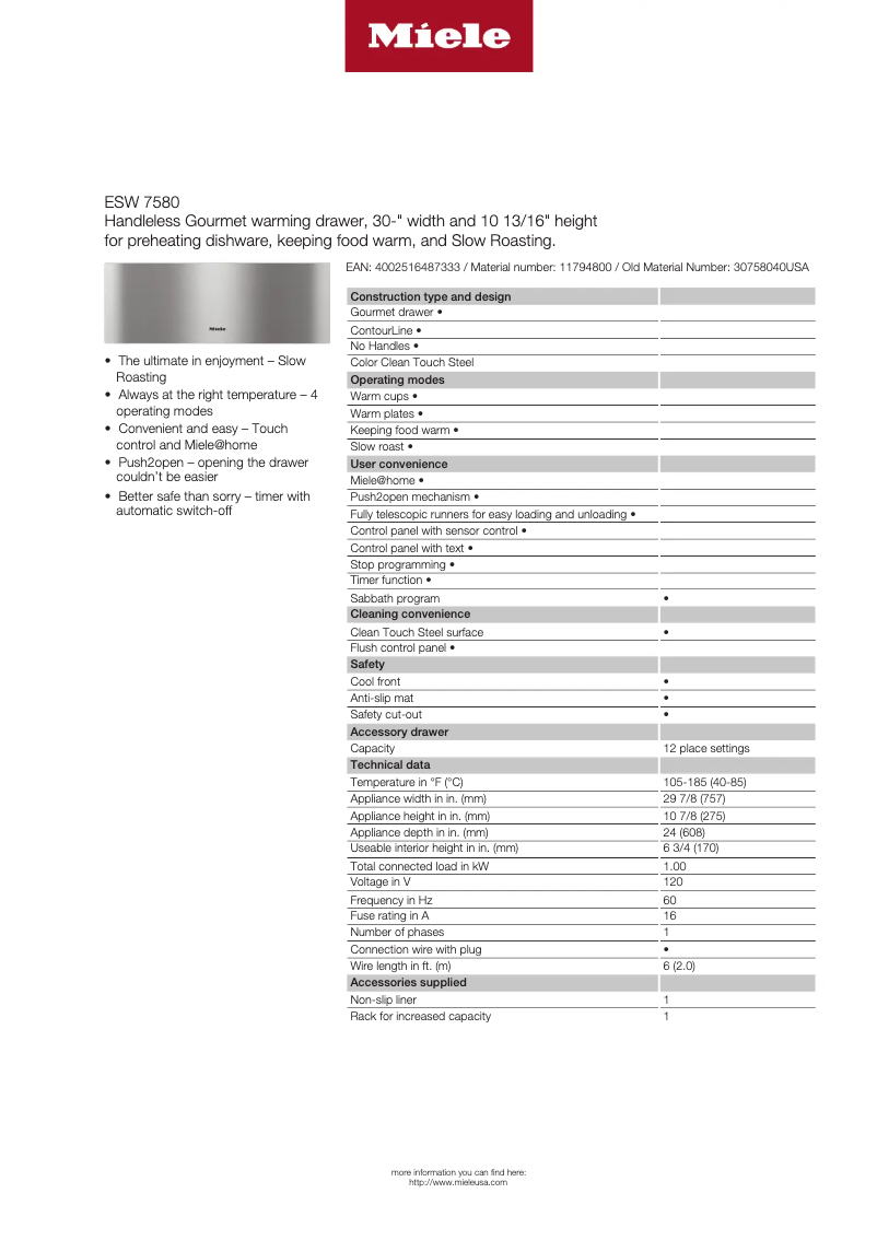 Page 1 de la notice Fiche technique Miele ESW 7580