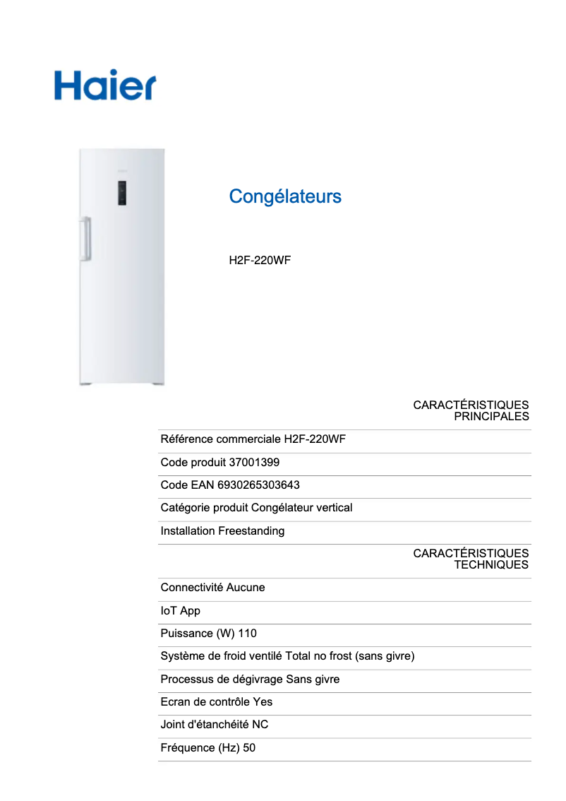 Page n°1 - Fiche technique Haier H2F-220WF