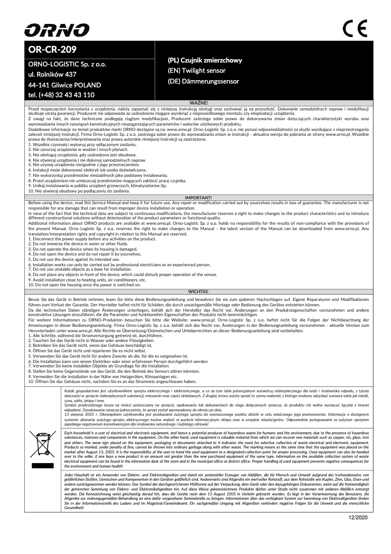Image de la première page du manuel de l'appareil OR-CR-209