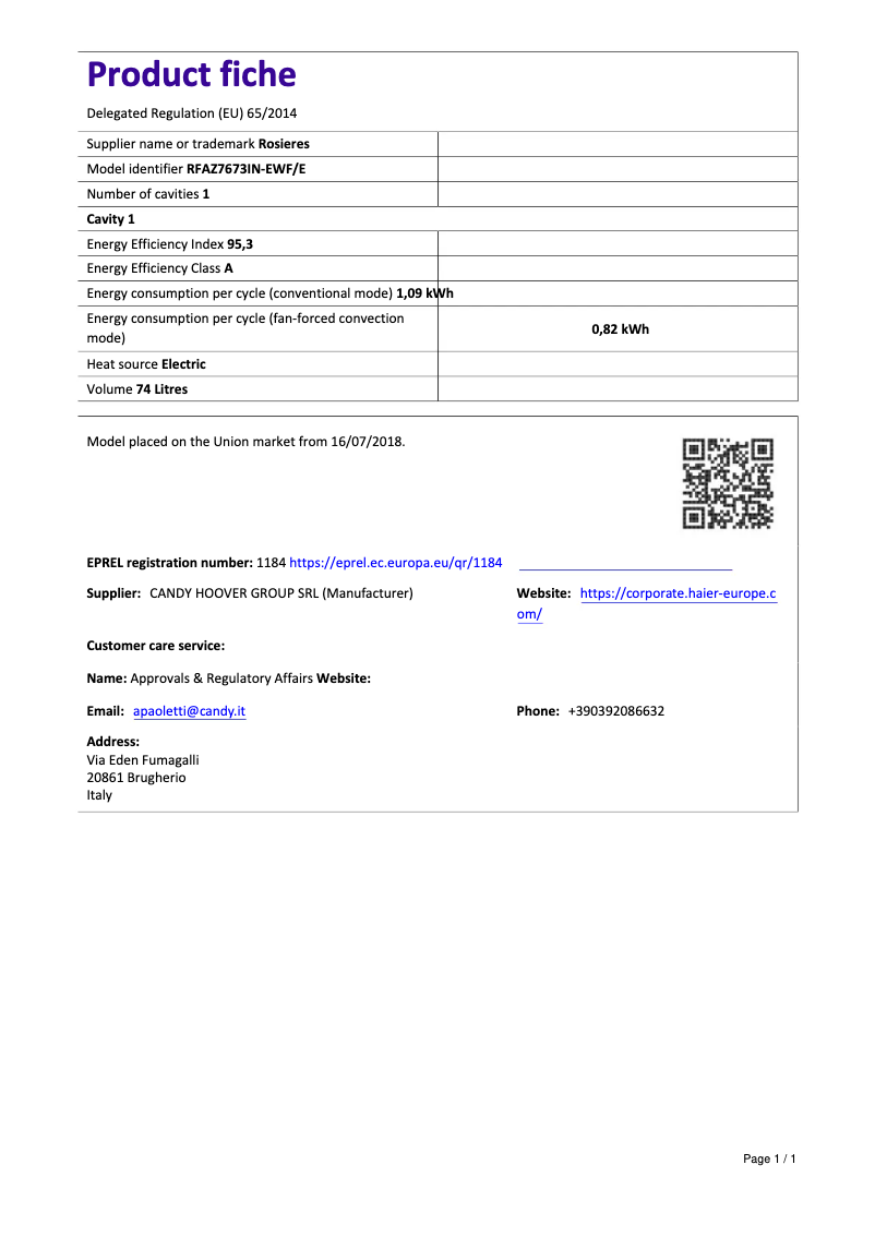 Page 1 de la notice Fiche technique Rosieres RFAZ 7673 IN-EWF/E