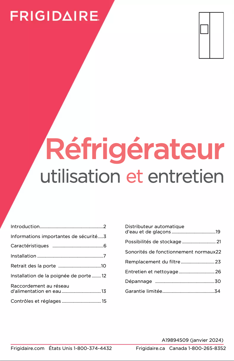 Page 1 de la notice Manuel utilisateur Frigidaire FRSS2623AS