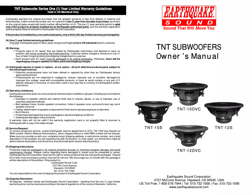 Page 1 de la notice Manuel utilisateur Earthquake Sound TNT-10DVC