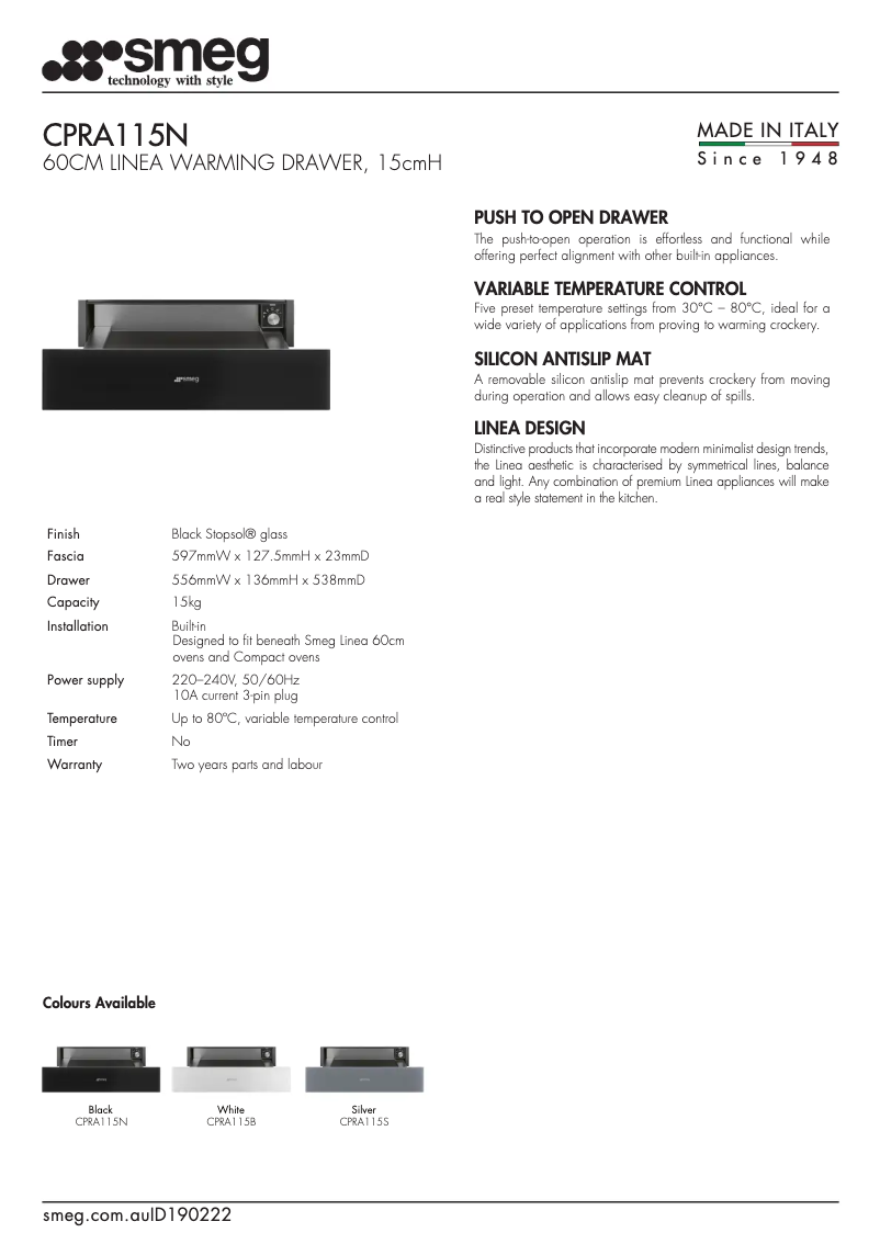 Page 1 de la notice Fiche technique Smeg CPRA115N