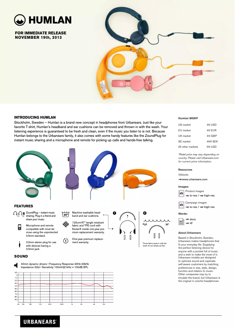 Page 1 de la notice Manuel utilisateur Urbanears Humlan