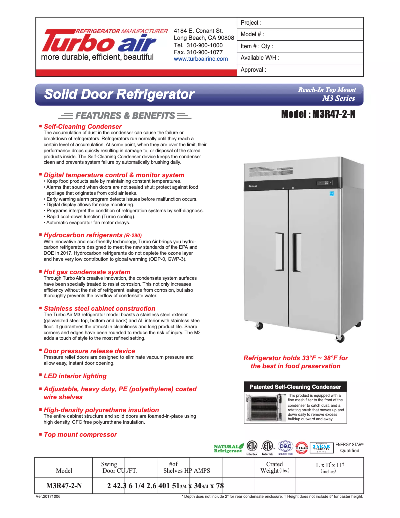 Page 1 de la notice Fiche technique Turbo air M3R47-2