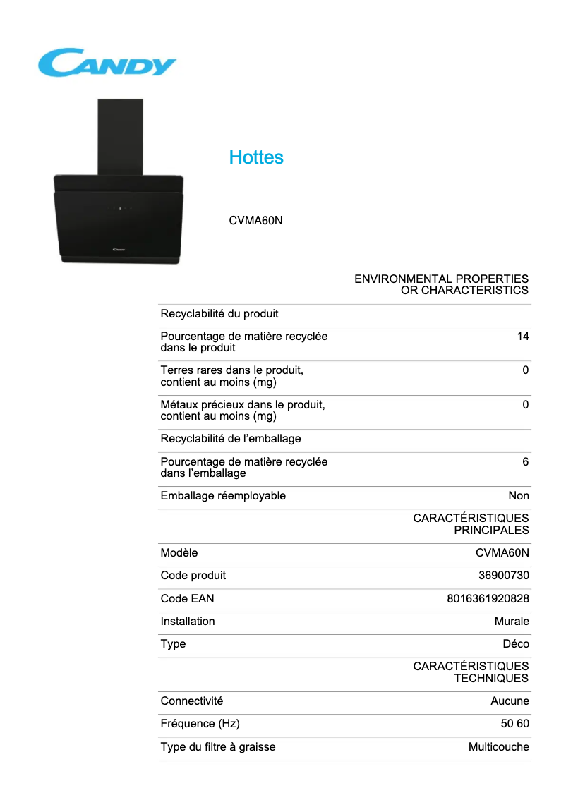 Page 1 de la notice Fiche technique Candy CVMA60N