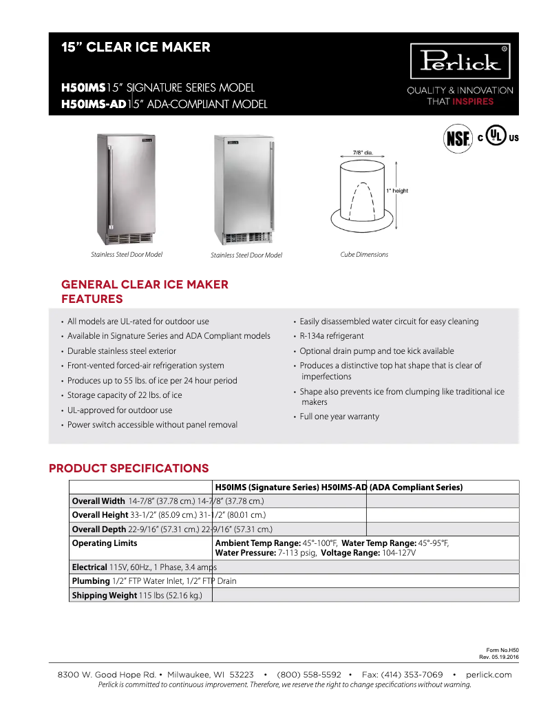 Page n°1 - Fiche technique Perlick H50IMS-LC