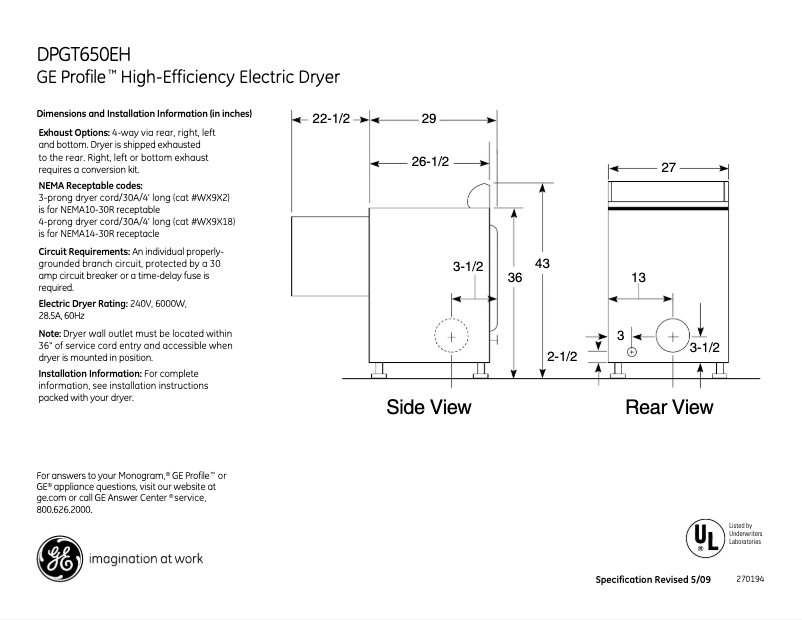 Página 1 del manual Ficha técnica GE Profile DPGT650EHMG