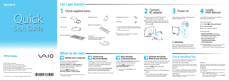 Page n°1 - Guide d'installation Sony Vaio VPCL235FX