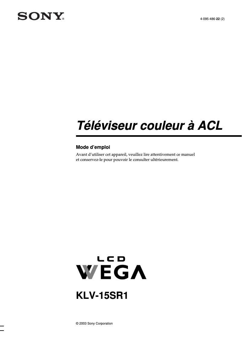 Page 1 de la notice Manuel utilisateur Sony KLV-15SR1
