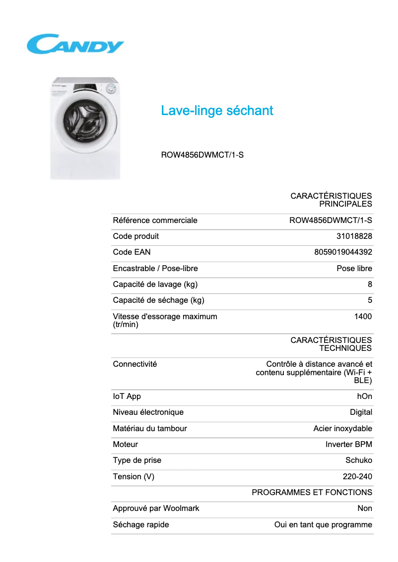 Page 1 de la notice Fiche technique Candy ROW4856DWMCT/1-S