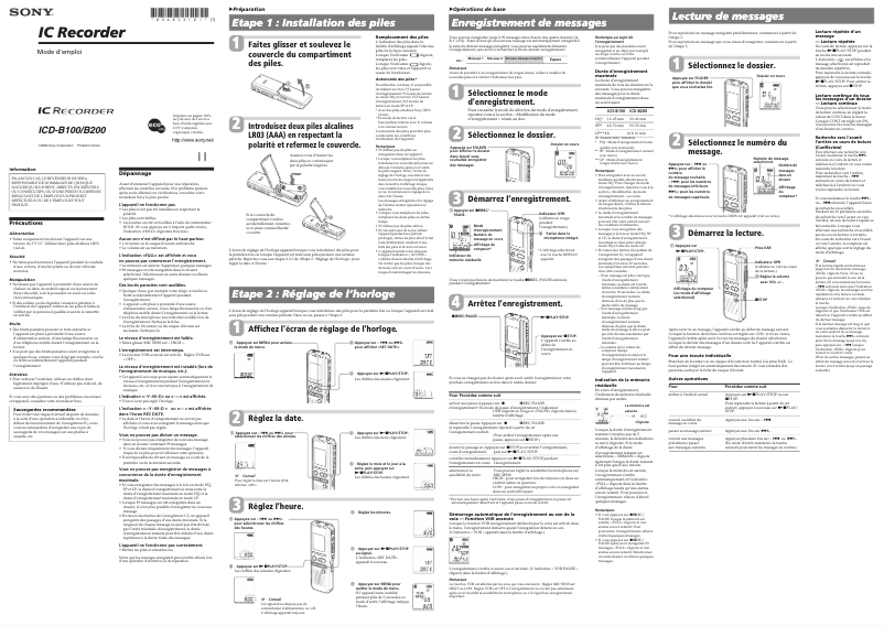 Page 1 de la notice Manuel utilisateur Sony ICD-B200