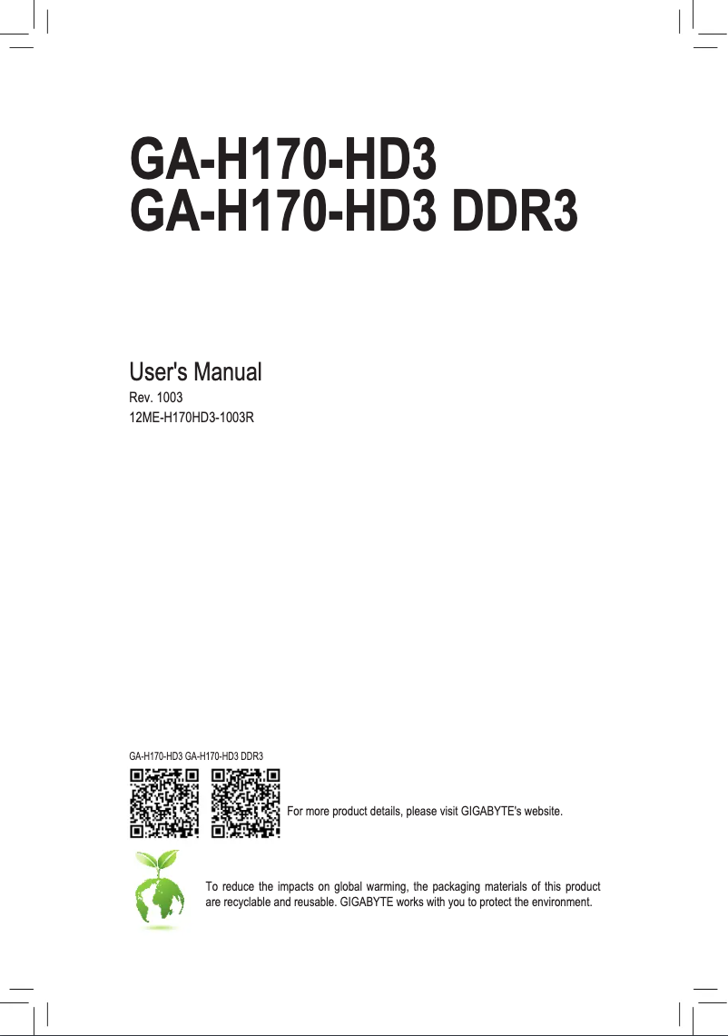 Image de la première page du manuel de l'appareil GA-H170-HD3 DDR3