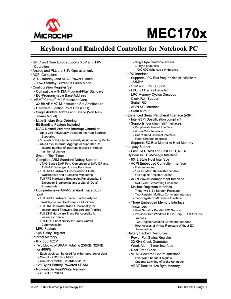 Page 1 de la notice Fiche technique Microchip MEC1704