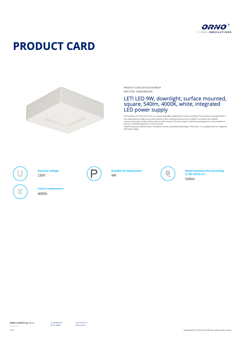 Page 1 de la notice Fiche technique Adviti AD-OD-6060WLX4