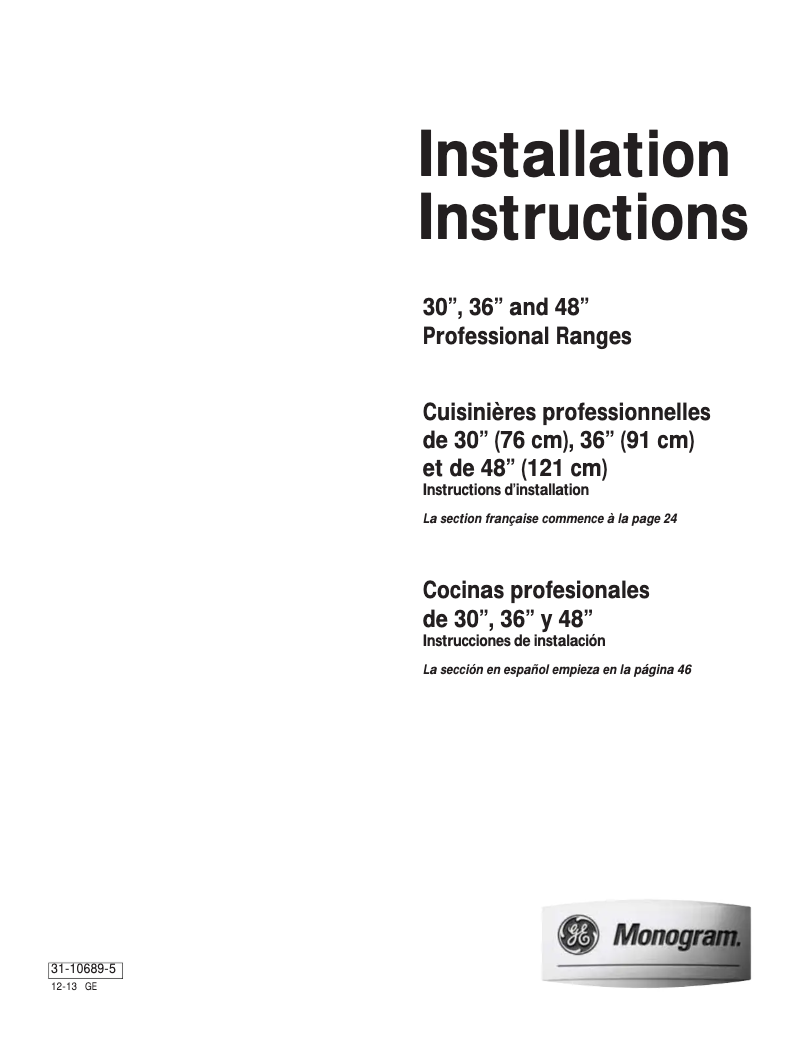 Page n°1 - Guide d'installation GE ZDP486LDPSS