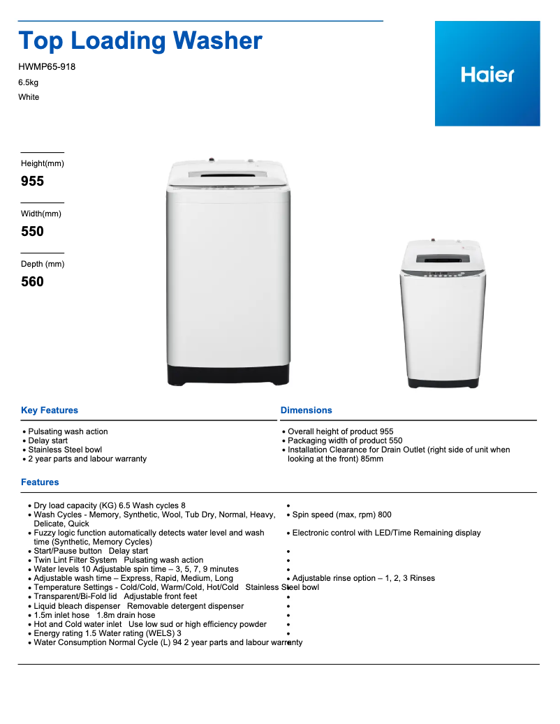 Página 1 del manual Ficha técnica Haier HWMP65-918