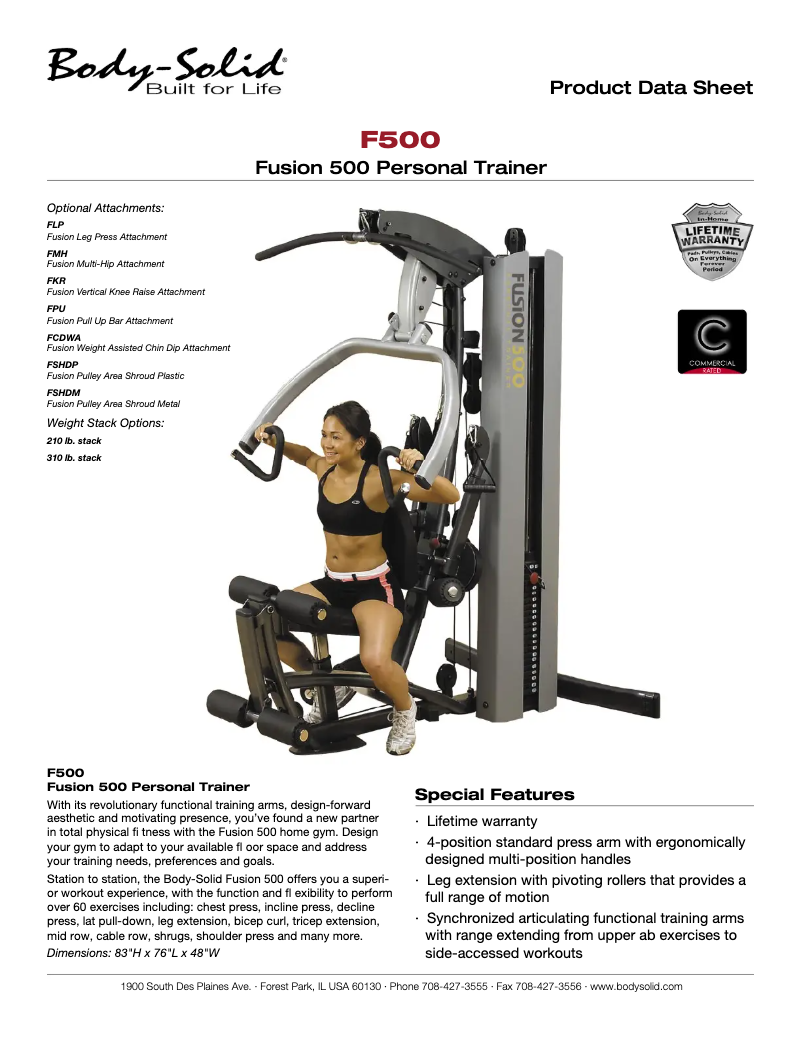 Page 1 de la notice Fiche technique Body-Solid F500