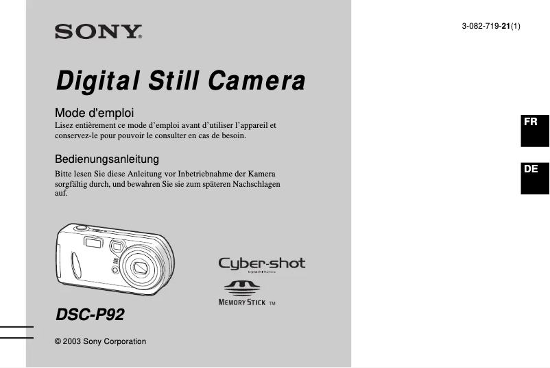 Image de la première page du manuel de l'appareil Cybershot DSC-P92