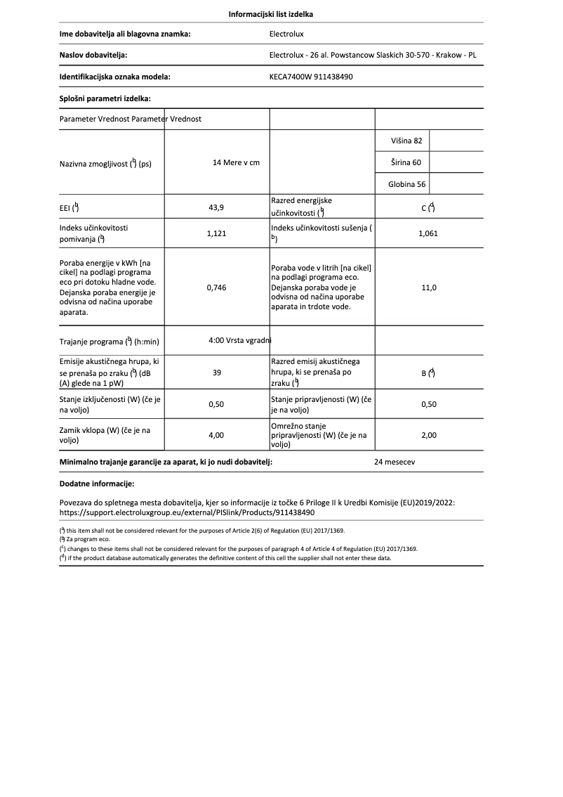 Page 1 de la notice Fiche technique AEG KECA7400W