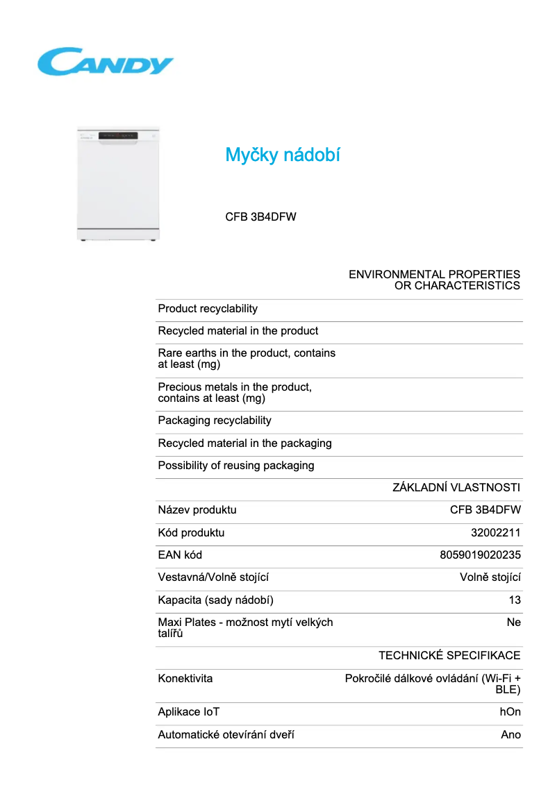 Page 1 de la notice Fiche technique Candy CFB 3B4DFW