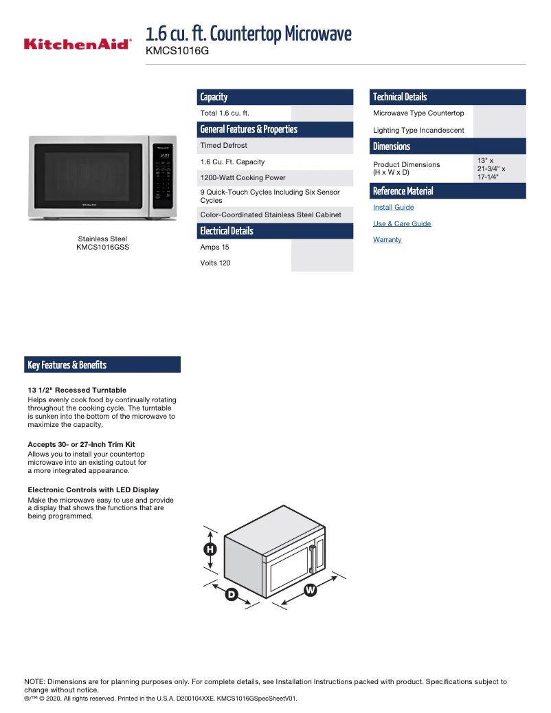 Page 1 de la notice Fiche technique KitchenAid KMCS1016GSS