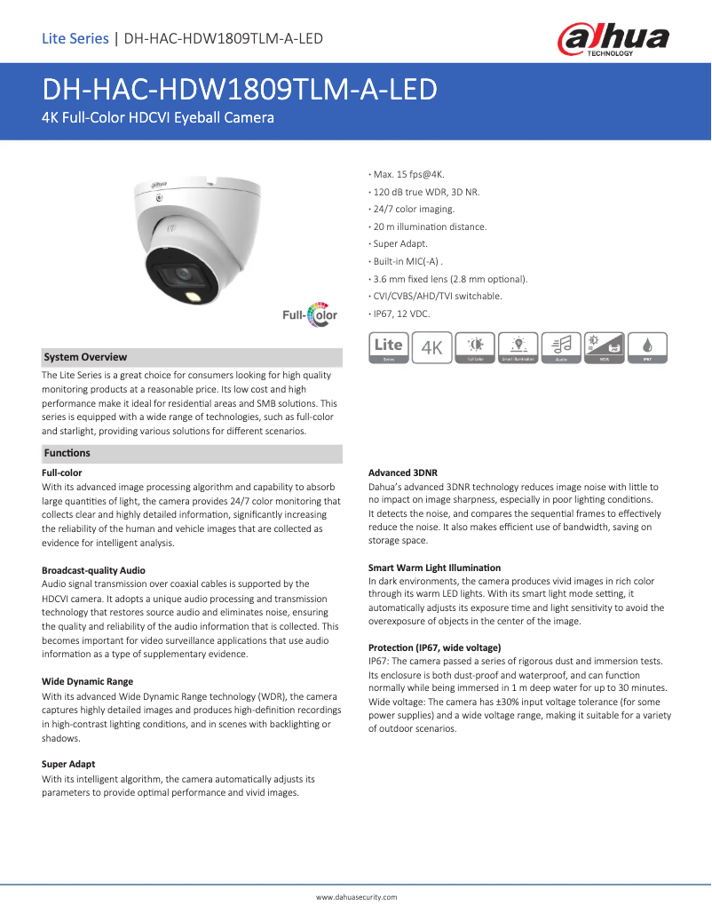 Page 1 de la notice Fiche technique Dahua Technology HAC-HDW1809TLM-A-LED