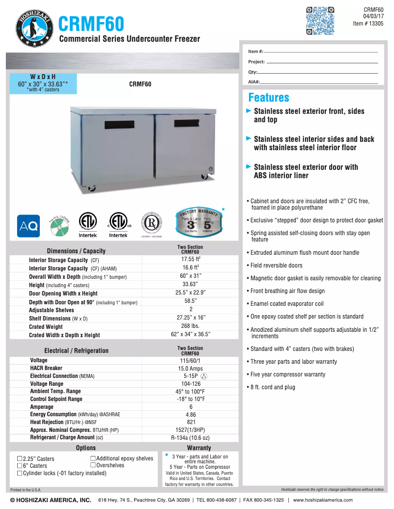Page 1 de la notice Fiche technique Hoshizaki Commercial CRMF60