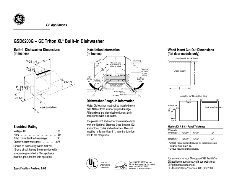 Page 1 de la notice Fiche technique GE GSD6200GBB