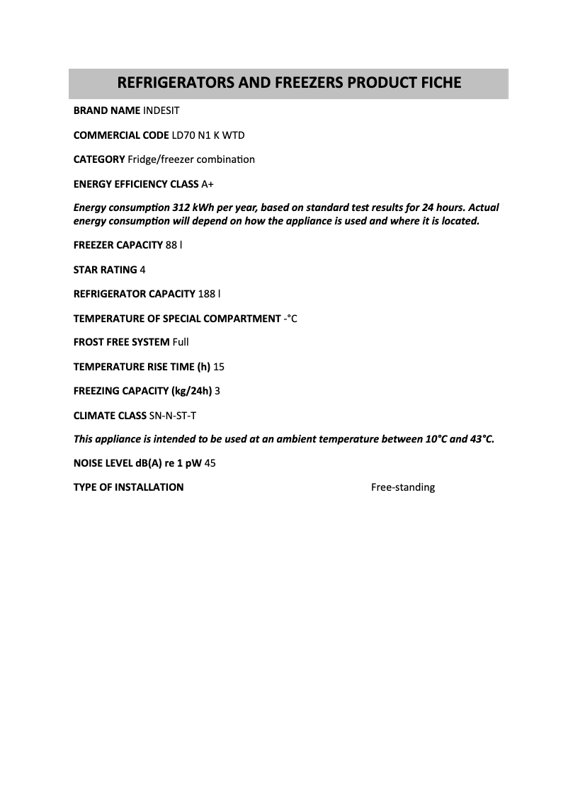 Page 1 de la notice Manuel utilisateur Indesit LD70 N1 K WTD