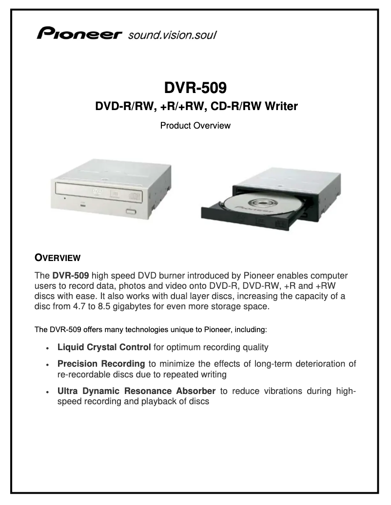 Page 1 de la notice Brochure Pioneer DVR-509