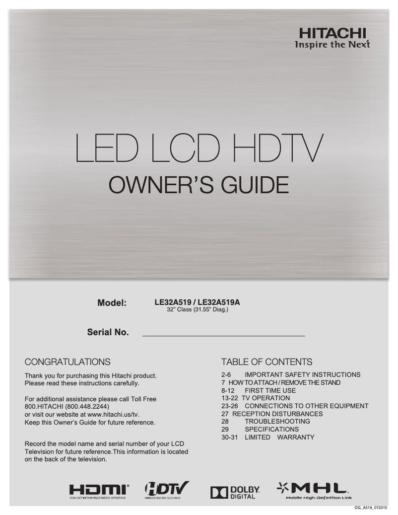 Page 1 de la notice Manuel utilisateur Hitachi LE32A519A