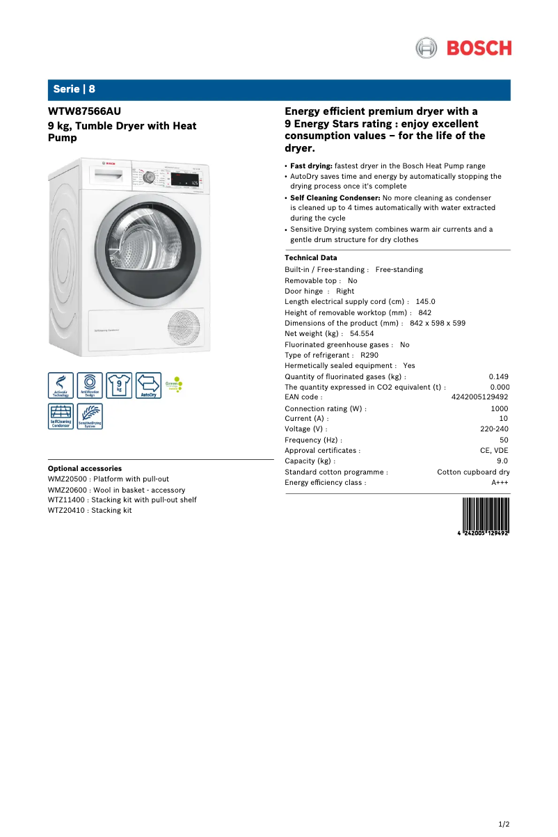 Page n°1 - Fiche technique Bosch WTW87566AU