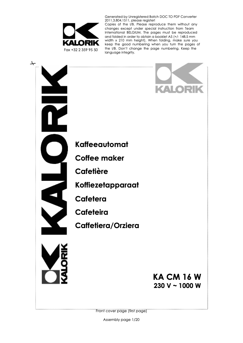 Page n°1 - Manuel utilisateur Kalorik KA CM 16 W