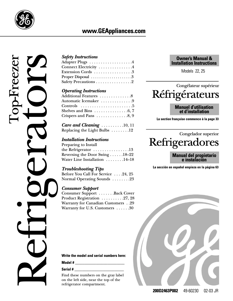 Page 1 de la notice Manuel d'utilisation et d'entretien GE GTS22KBMCC