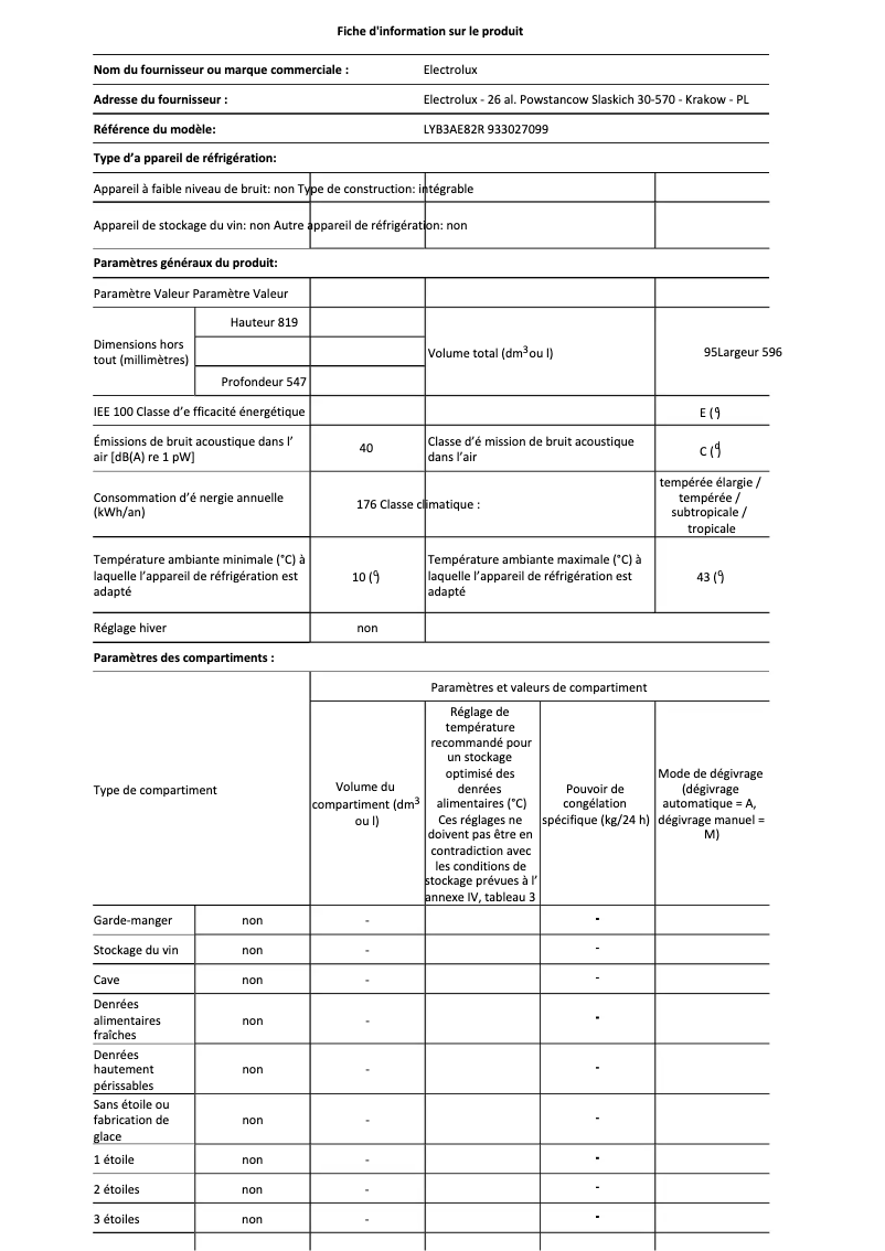 Page 1 de la notice Fiche technique Electrolux LYB3AE82R