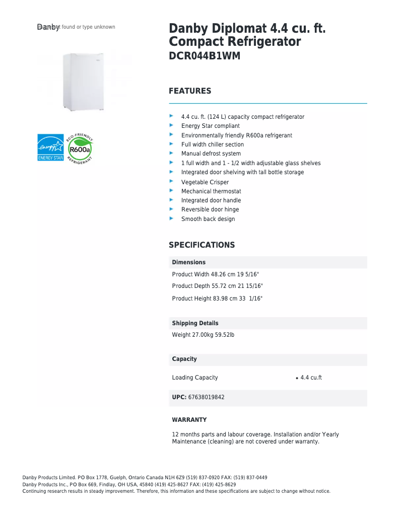 Page 1 de la notice Fiche technique Danby DCR044B1WM